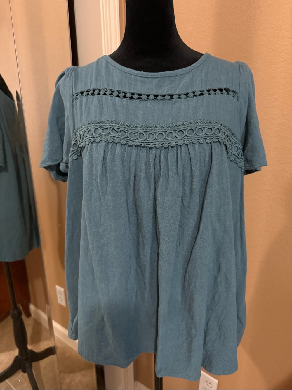 SHEIN Blue Crochet-Yoke Short Sleeve Blouse